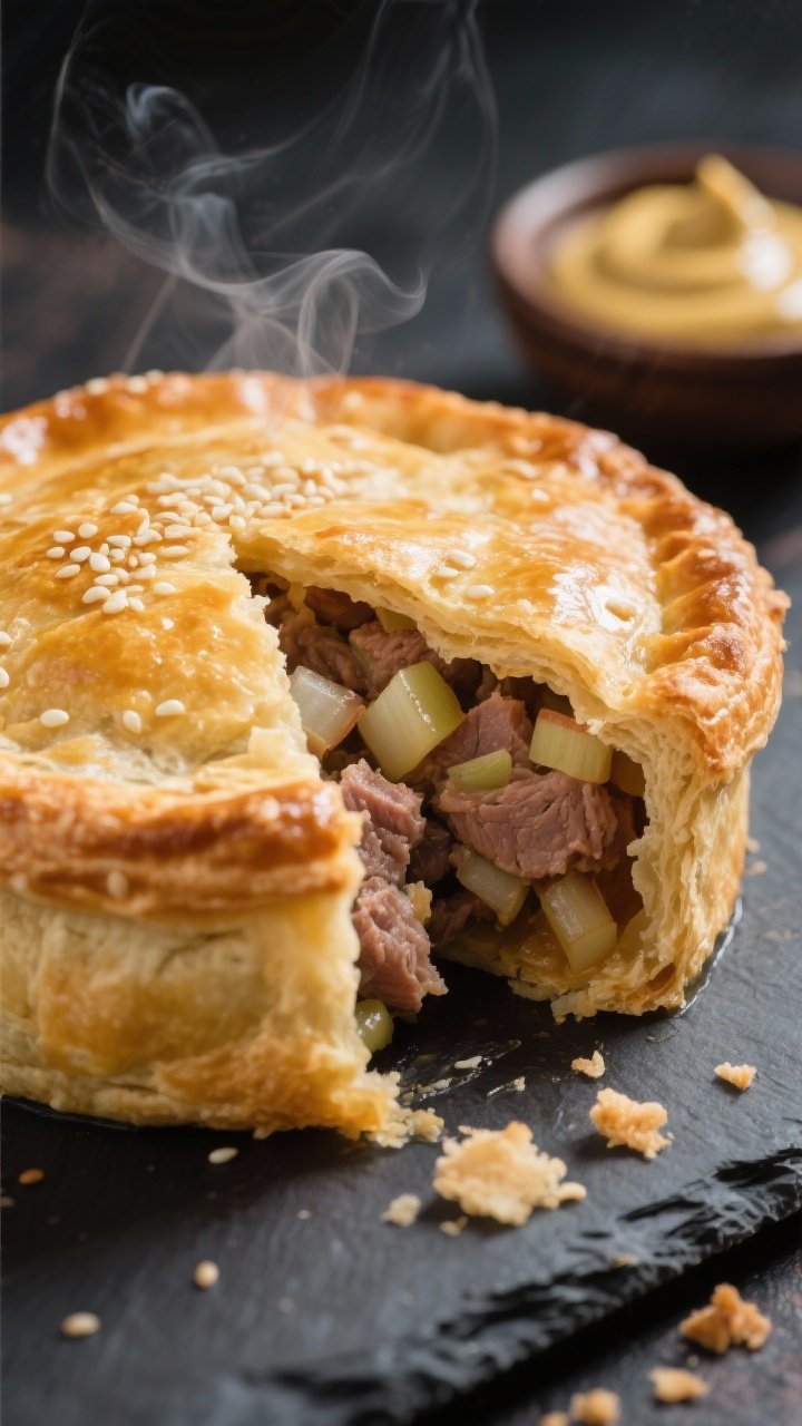 Close-up detail: A just-air-fried pork pie split open to reveal a steaming, juicy pork filling studd