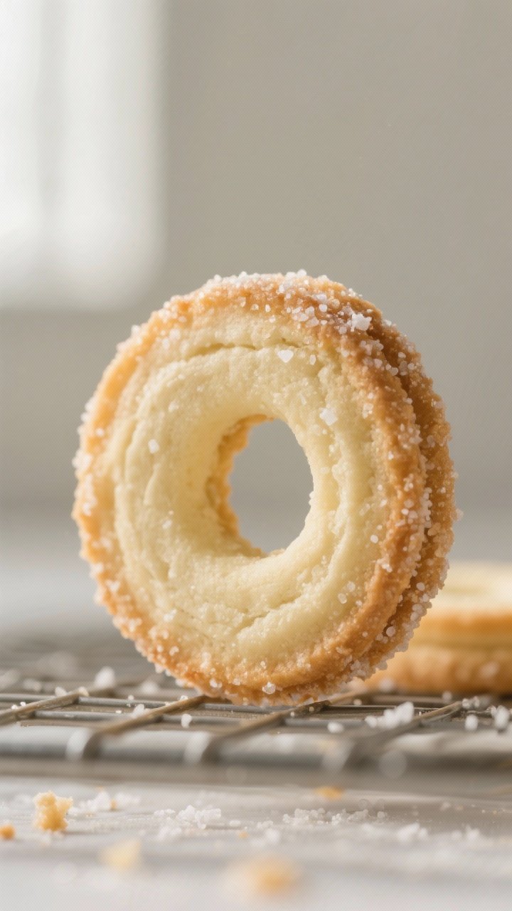 Close-up detail: A just-air-fried vanilla butter cookie sliced round with lightly golden, crisp edge