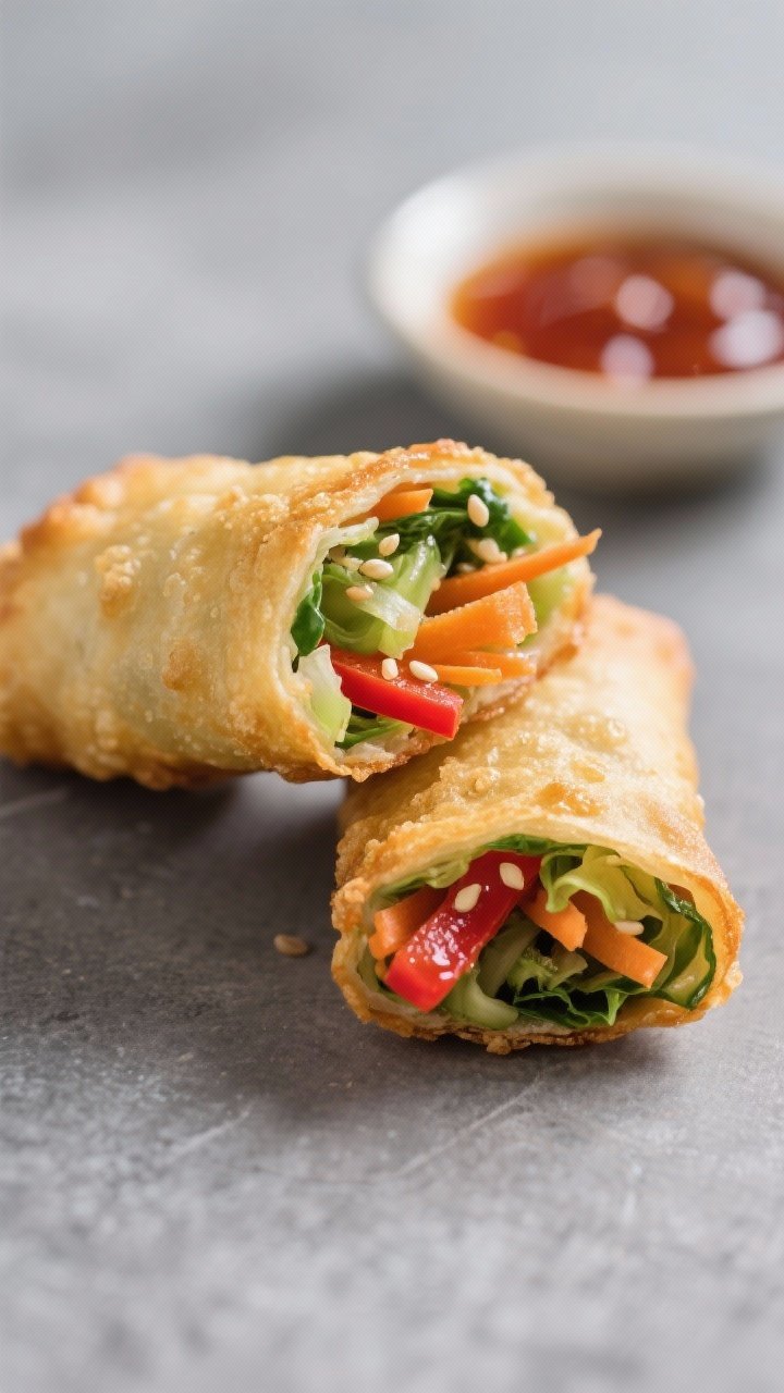 Close-up detail: A just-air-fried vegetable spring roll cut on the diagonal, revealing a tight, colo