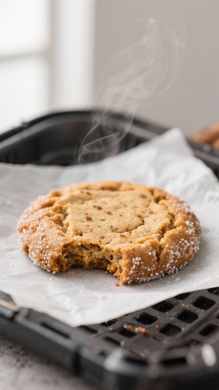 Close-up detail: A just-baked spiced maple cookie resting on parchment from the air fryer basket, cr