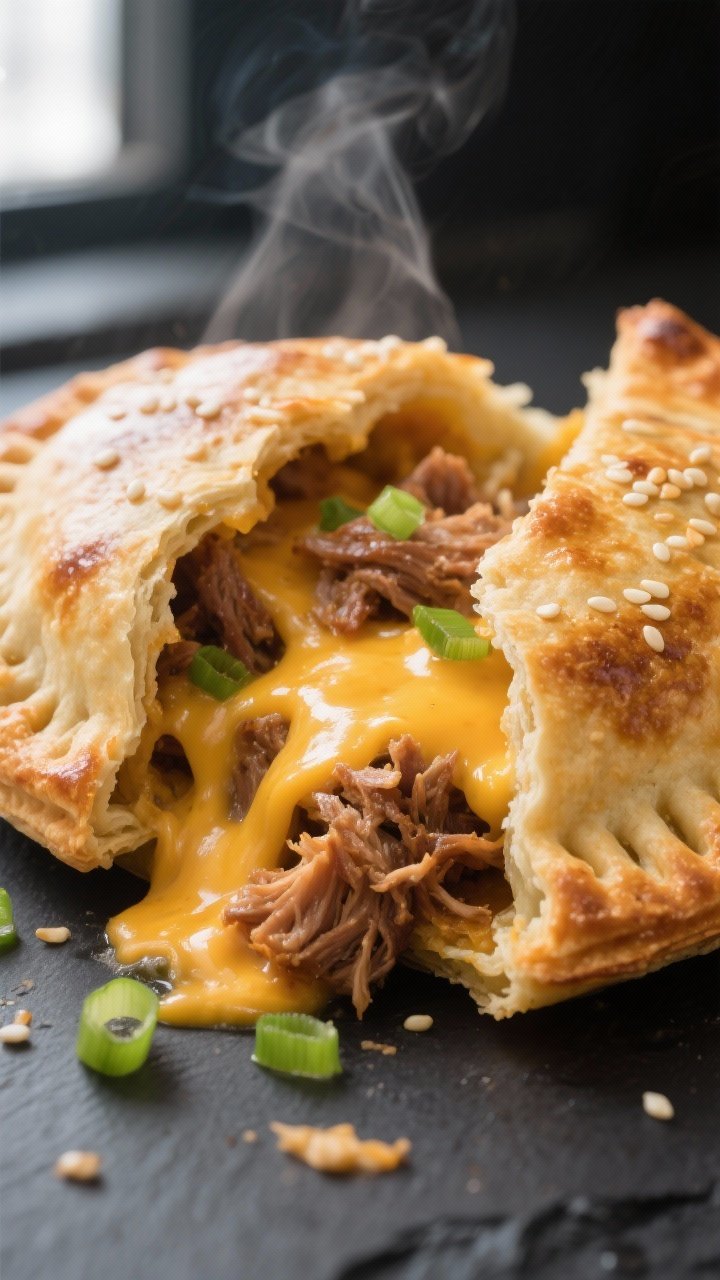 Close-up detail: A just-cooked air-fried pulled-pork hand pie torn open to reveal gooey melted chedd