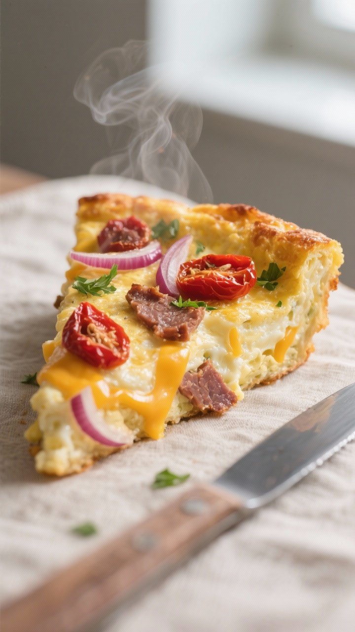 Close-up detail: A just-cooked air fryer frittata wedge with biltong and sundried tomatoes, showing