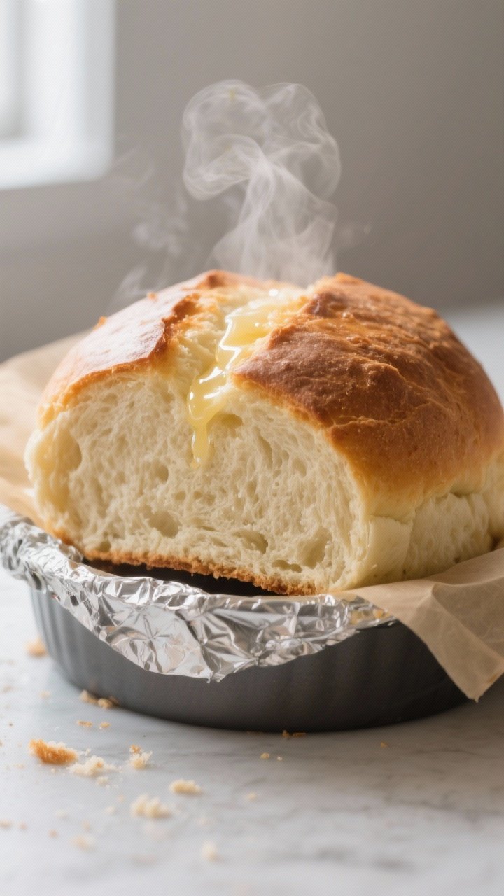 Close-up detail: A just-cooked air fryer mock dombolo loaf lifted from a parchment-lined round pan, 