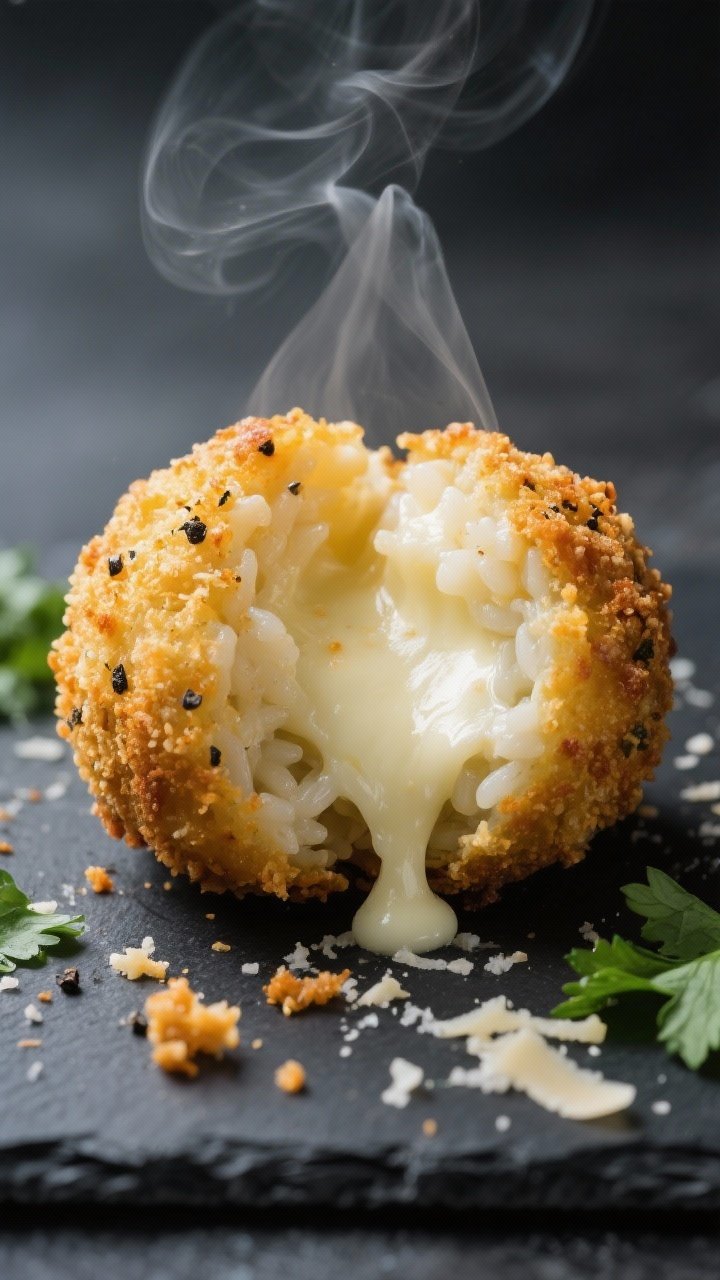 Close-up detail: A just-cooked air fryer risotto ball torn open to reveal a gooey mozzarella core, s