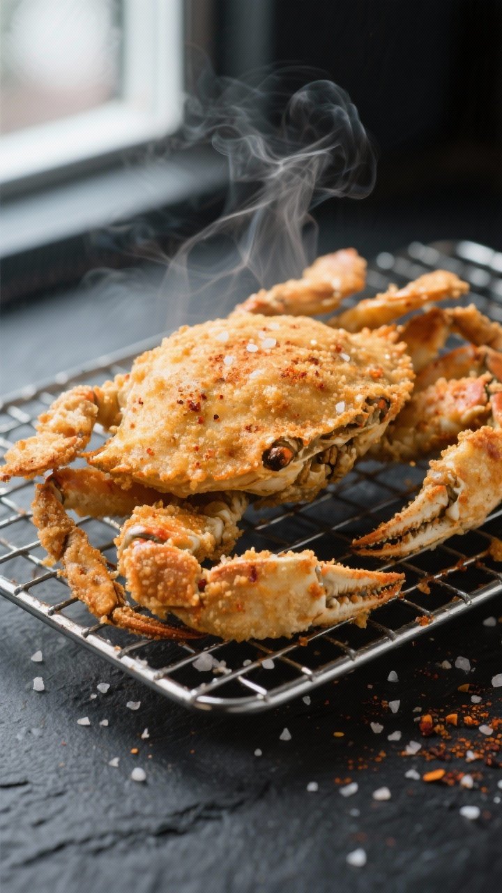 Close-up detail: A just-cooked air fryer soft shell crab resting on a wire rack, golden-brown and cr