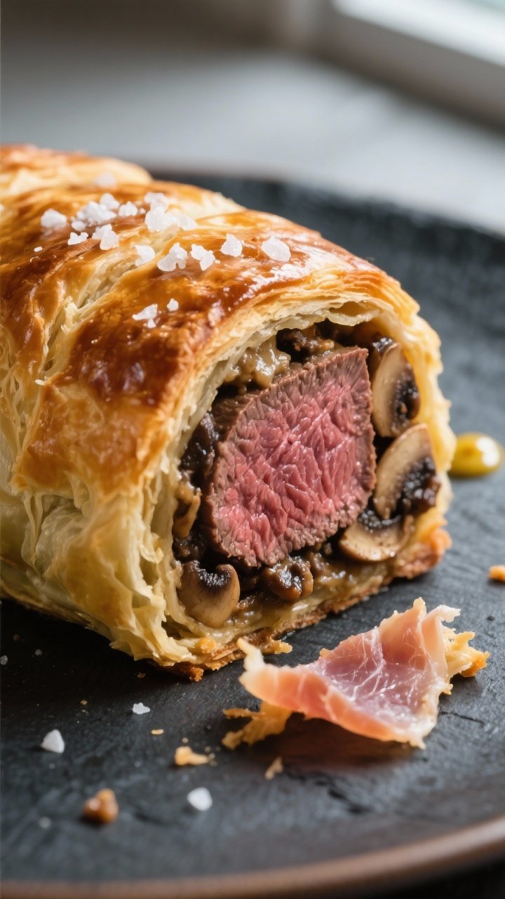 Close-up detail: A just-cooked Beef Wellington Bite torn open to reveal a juicy medium-rare beef cen