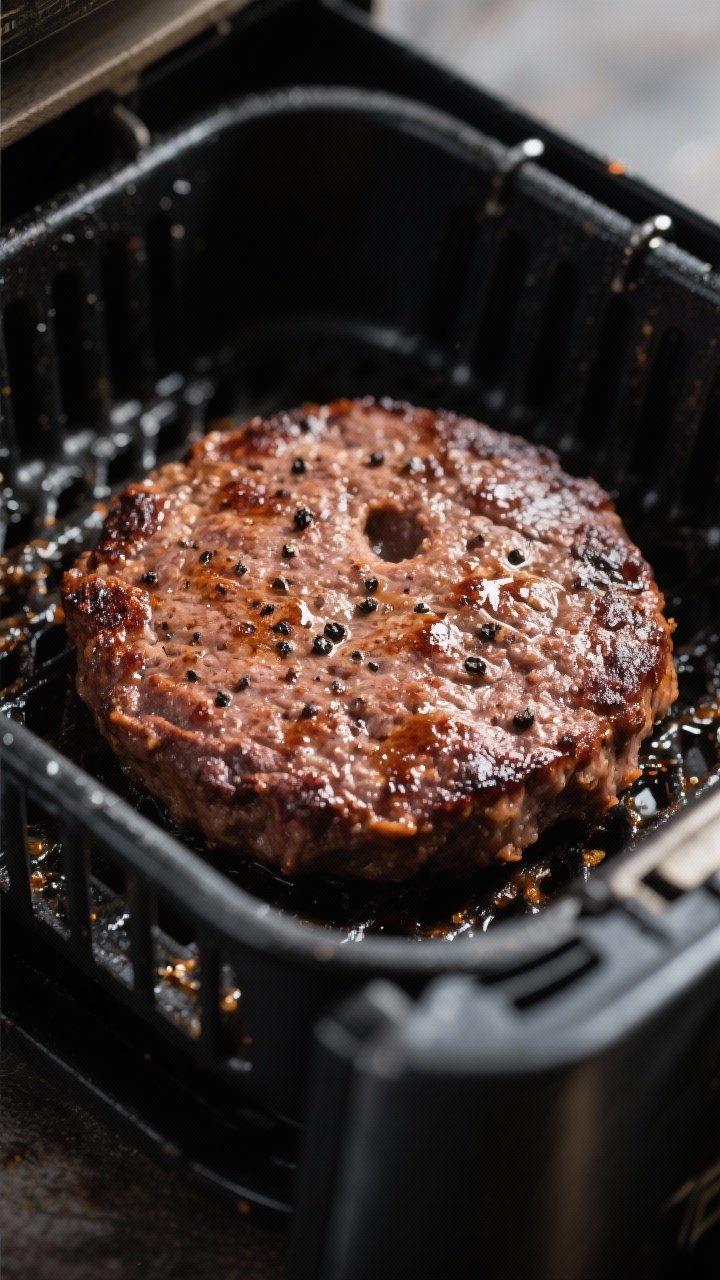 Close-up detail: A just-cooked bison burger patty resting in an open air fryer basket at 375°F, edg