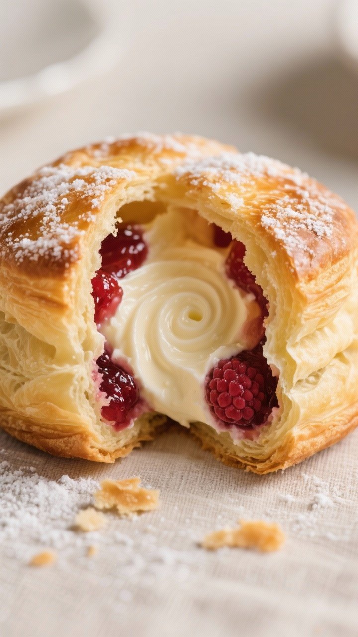Close-up detail: A just-cooked cream cheese and jam puff split open to reveal a creamy, tangy cream