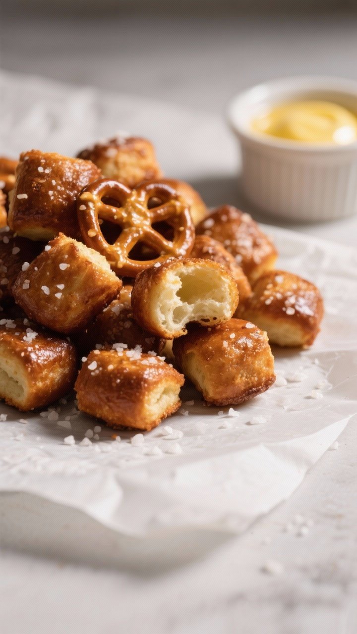Close-up detail: A mound of freshly air-fried pretzel bites piled on parchment, deep golden-brown wi
