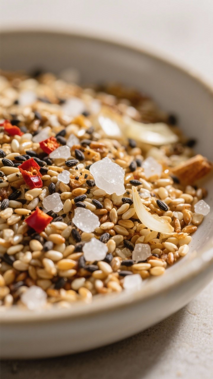 Close-up detail: A shallow-depth-of-field macro of freshly air-fried everything bagel seasoning cool
