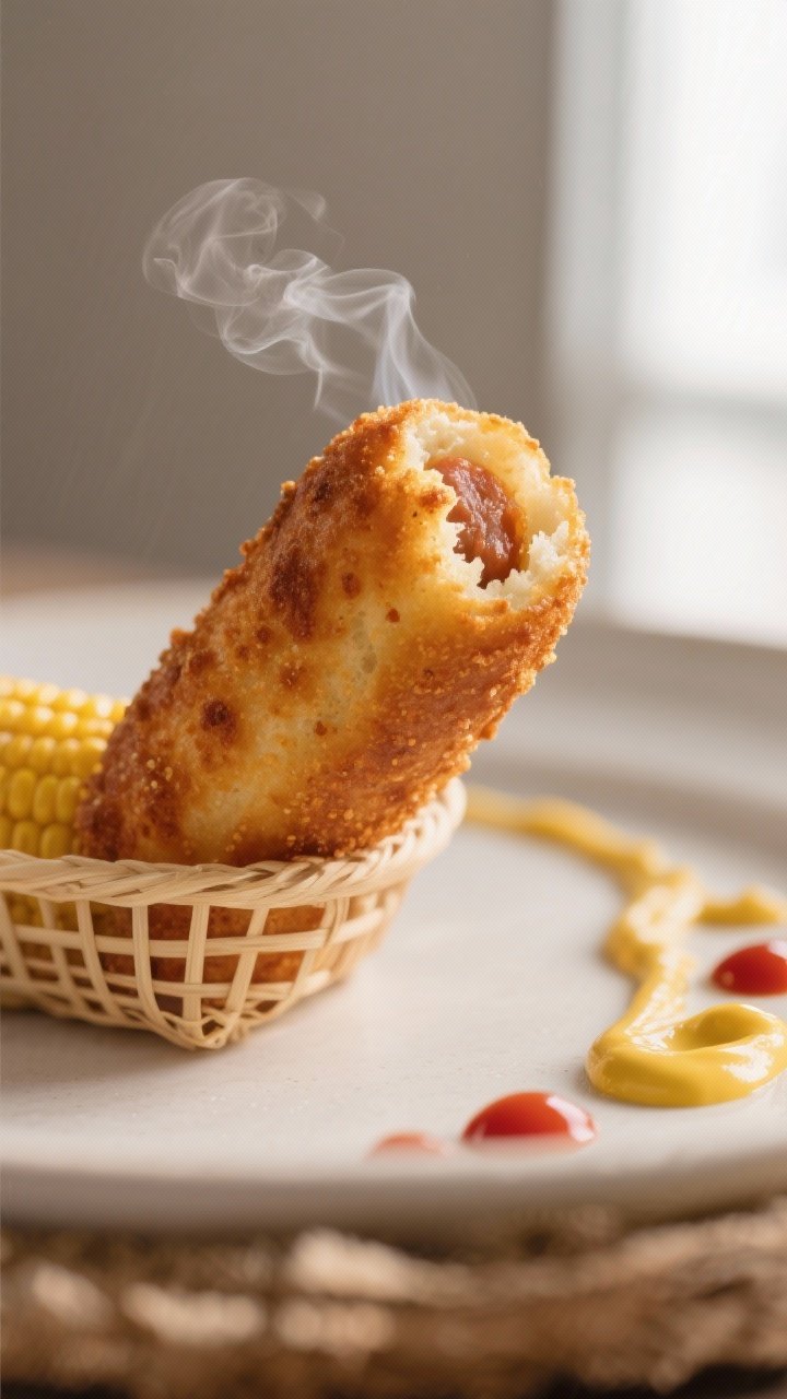 Close-up detail: A single air-fried corn dog just out of the basket, deep golden crust with visible 