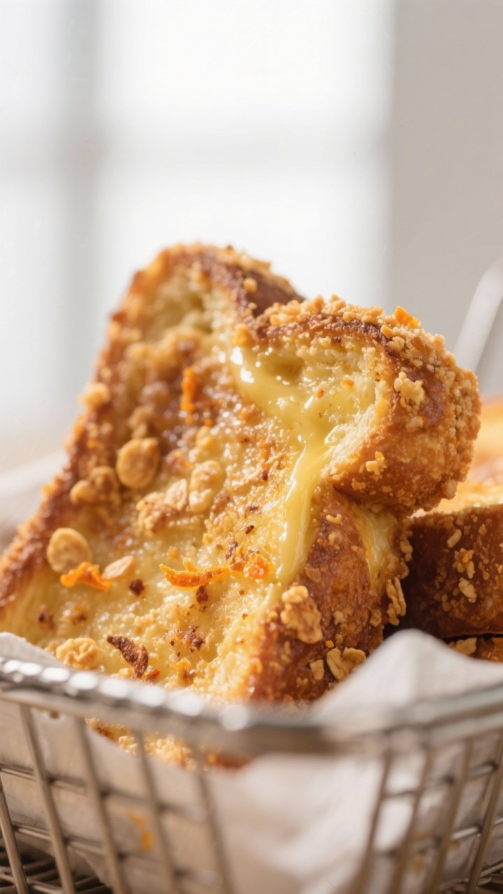 Close-up detail: A slice of air-fried crumbed French toast just out of the basket, coating deeply go