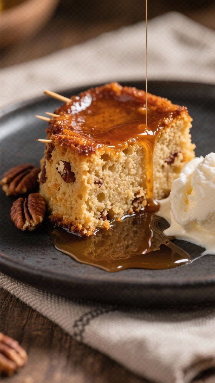 Close-up detail: A slice of air fryer brandy pudding just cut, crumb glistening with warm buttery br