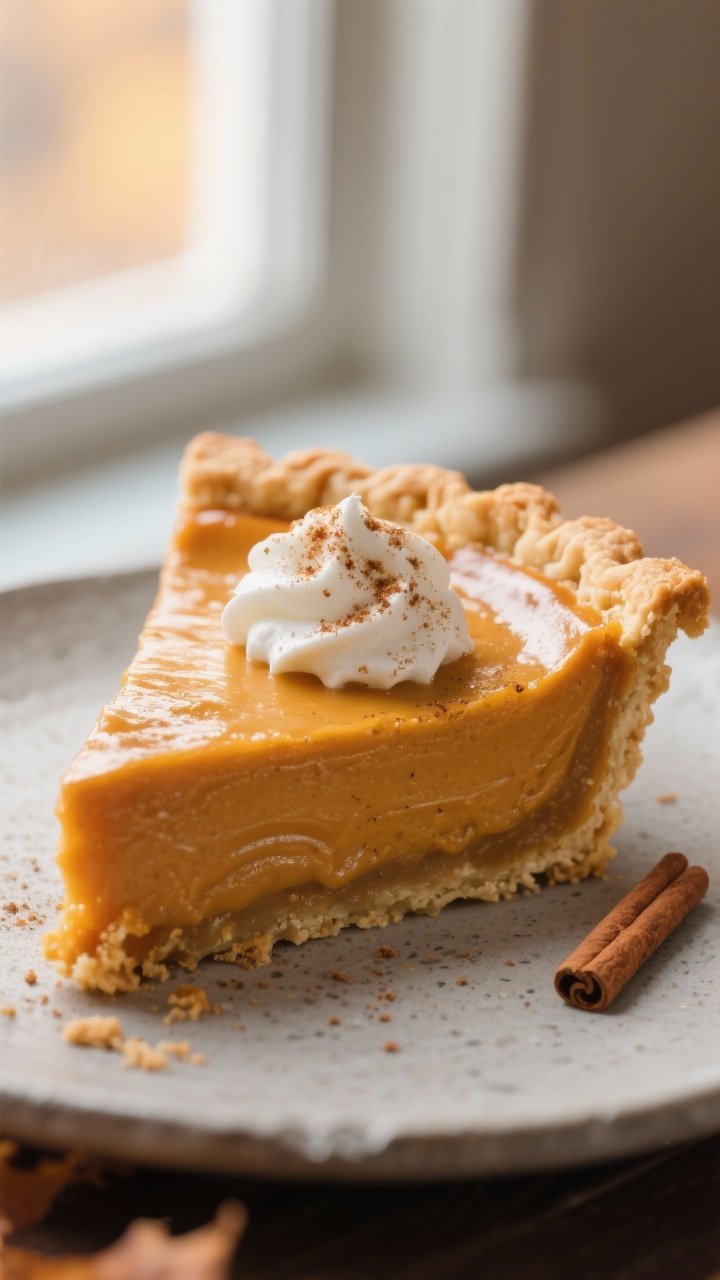 Close-up detail: A slice of air fryer pumpkin pie with cinnamon, showing a silky, custard-set fillin