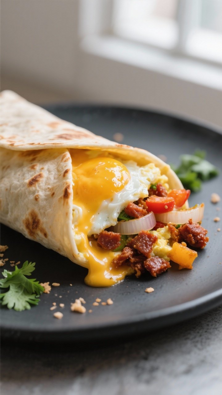 Close-up detail: A sliced air-fried chorizo and egg breakfast burrito showing the molten cheese pull