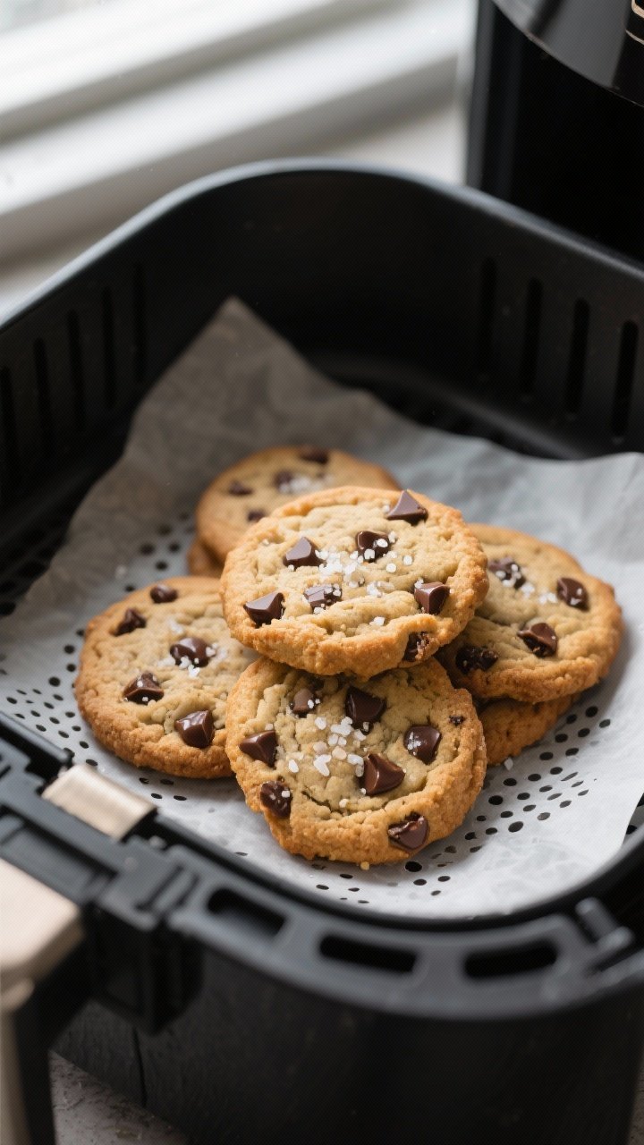Close-up detail: A small batch of air-fried classic chocolate chip cookies resting in the fryer bask