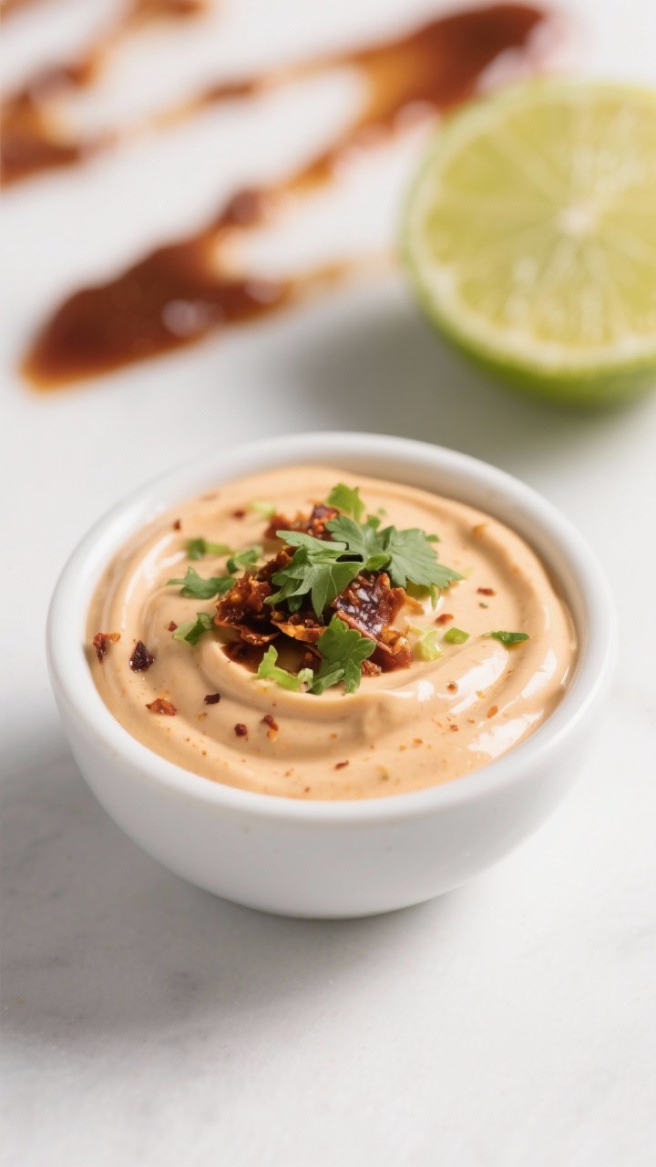 Close-up detail: A small bowl of finished chipotle lime crema with a smooth, velvety swirl, flecks o