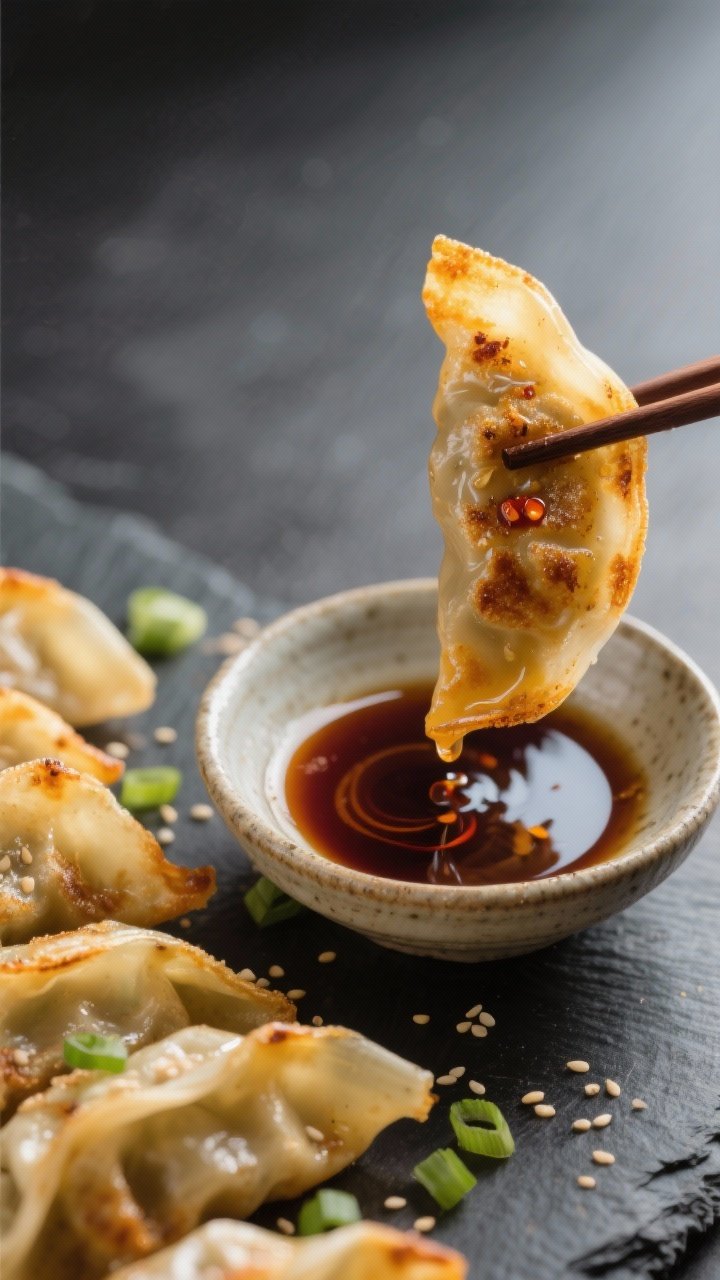 Close-up detail: A small ceramic dipping bowl of glossy ponzu sauce resting beside a pile of air-fri