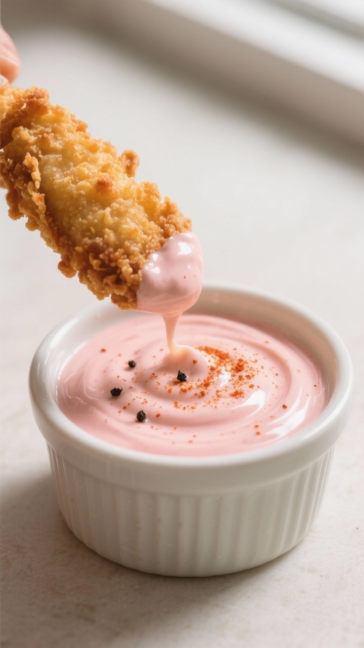 Close-up detail: A small ceramic ramekin of creamy, pink Yum Yum Sauce with a glossy swirl on top, d