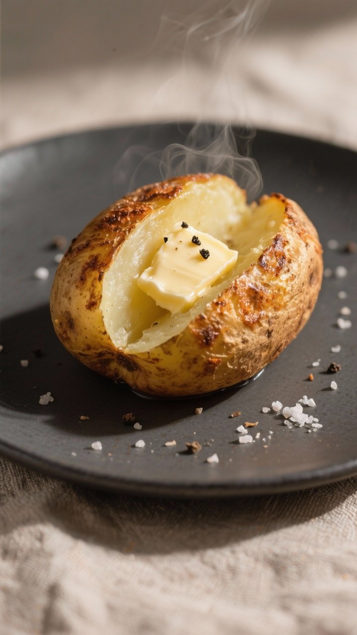 Close-up detail: A split-open air-fried russet potato with ultra-crispy, blistered skin and a steamy