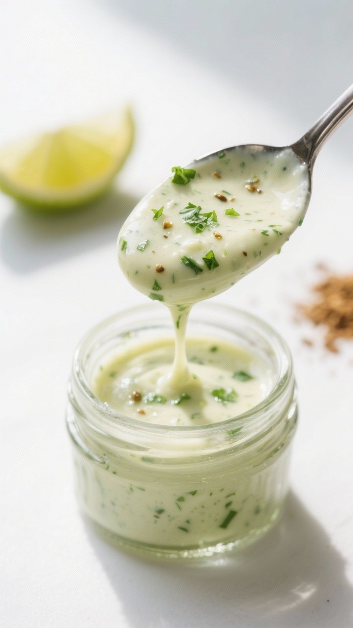 Close-up detail: A spoonful of creamy cilantro lime sauce cascading back into a small glass jar, sho