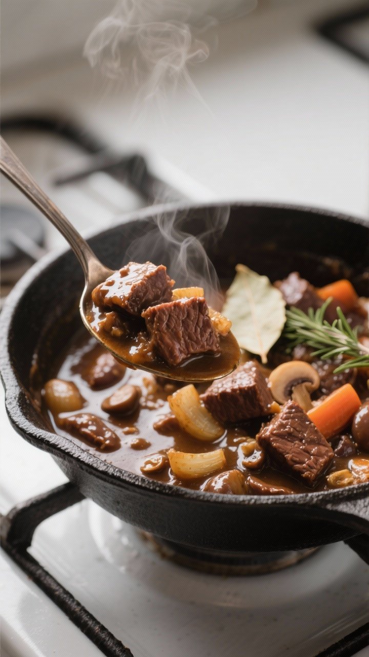 Close-up detail: A spoonful of rich steak-and-kidney filling just after the braise, glistening cubes