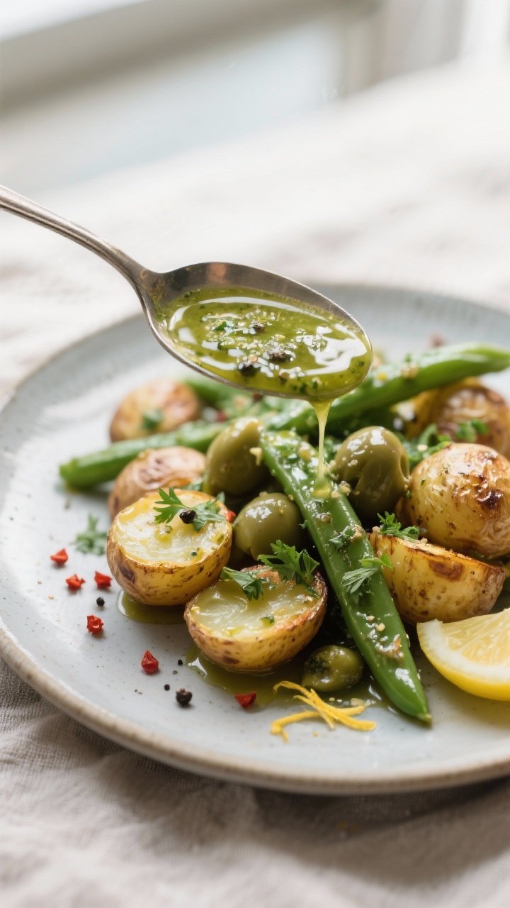 Close-up detail: A spoonful of thick, spoonable green olive dressing being drizzled over warm roaste