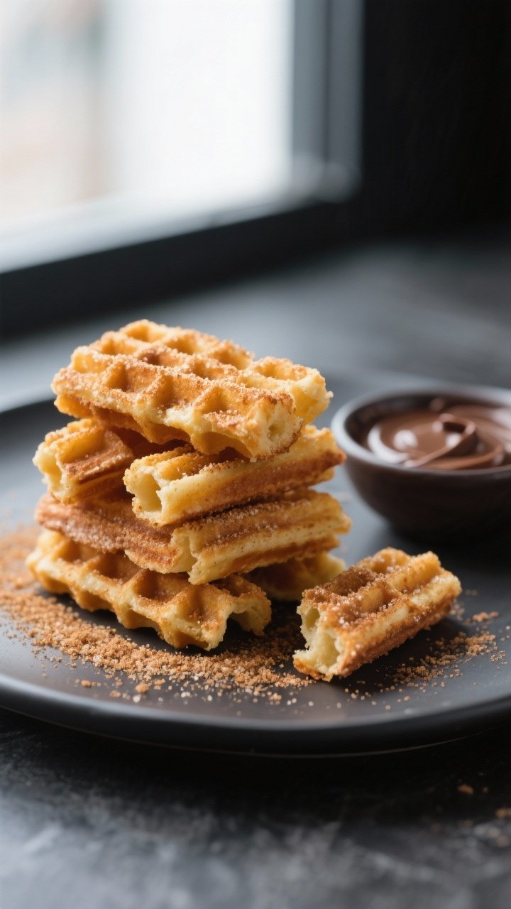Close-up detail: A stack of freshly air-fried waffle churros tossed in warm cinnamon sugar, golden r