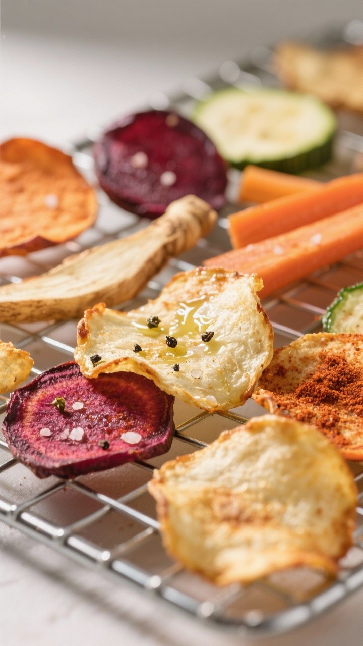 Close-up detail: A tight macro of freshly air-fried rainbow vegetable chips—beet, sweet potato, pa