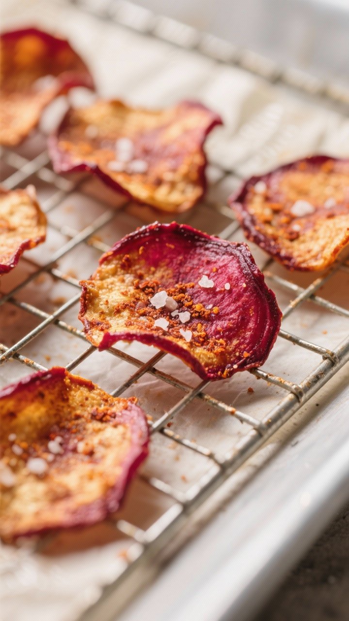 Close-up detail: A tight macro of freshly air-fried beet chips cooling on a wire rack, showcasing ul