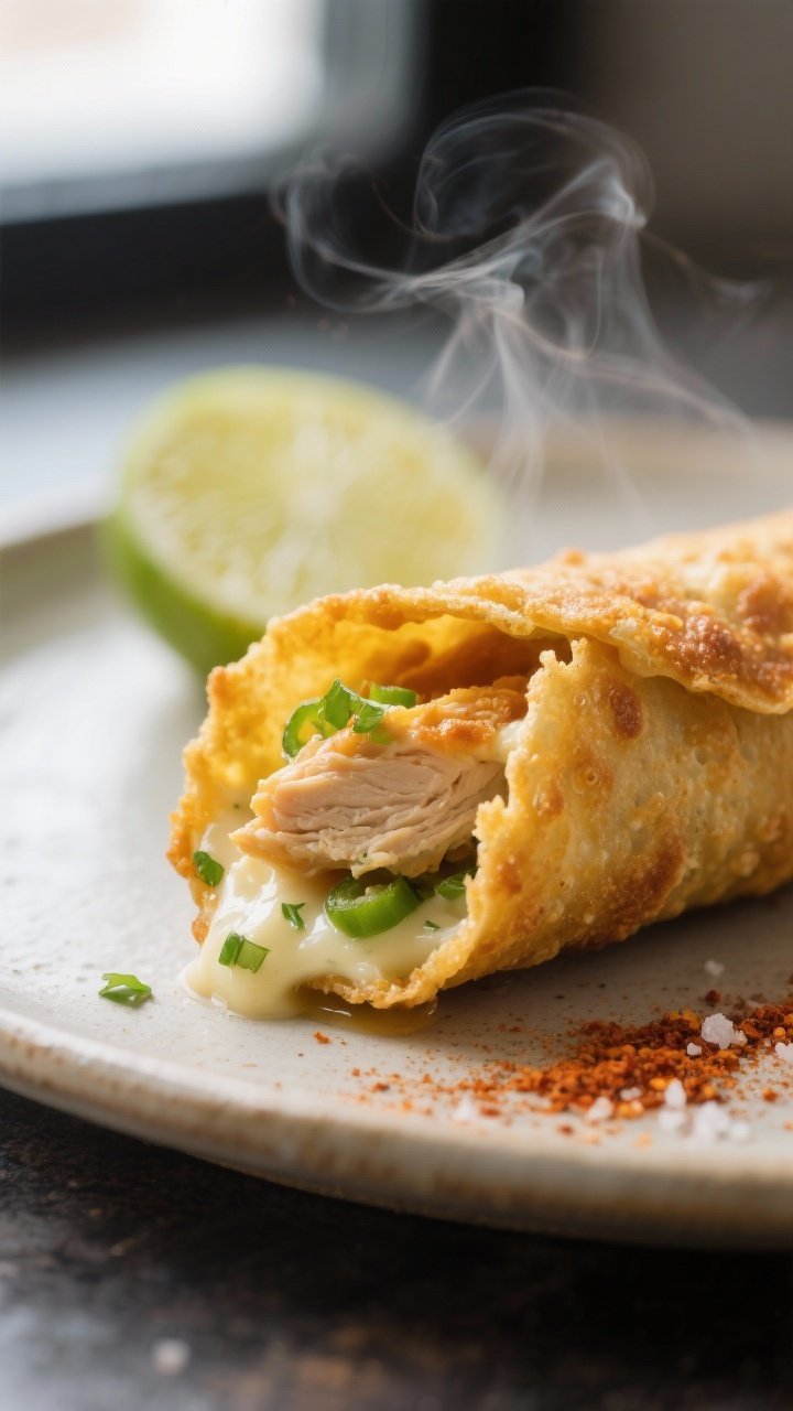 Close-up detail: A tight macro shot of a just-air-fried chicken taquito cracked open, showing the cr