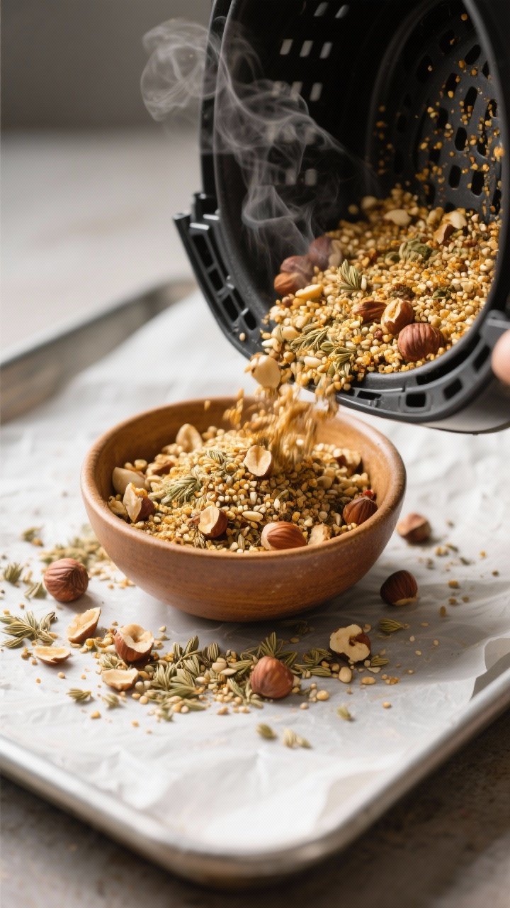 Close-up detail: A warm bowl of freshly toasted dukkah being poured from the air fryer basket onto a