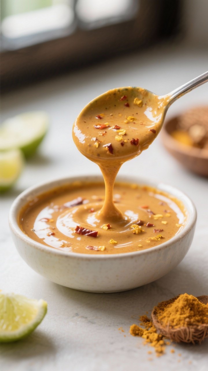 Close-up detail: A warm, glossy bowl of air fryer satay sauce just after blending, thick and pourabl