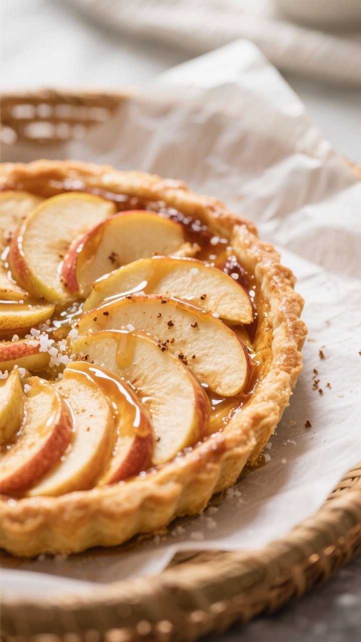 Close-up detail: Air-fried apple tart just out of the basket, showing crisp, deeply golden puff past