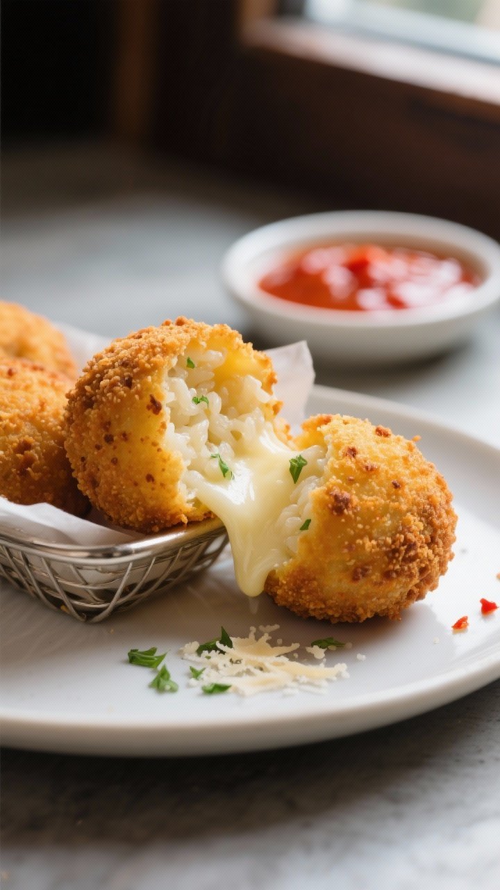 Close-up detail: Air-fried arancini just out of the basket, deeply golden and extra-crisp panko crus