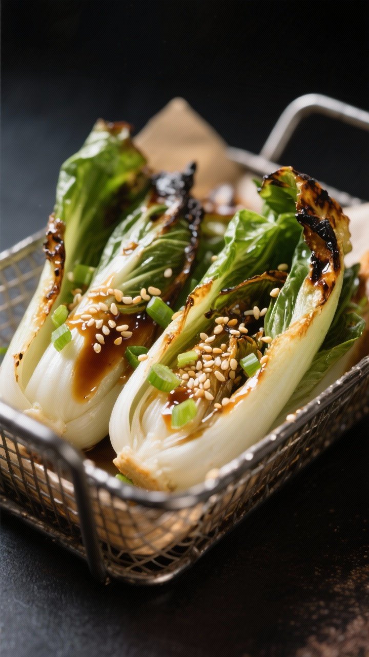 Close-up detail: Air-fried baby bok choy halves just out of the basket, edges lightly charred and le