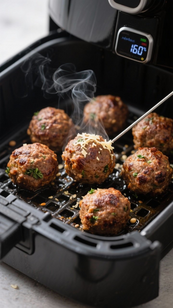 Close-up detail: Air-fried beef-and-lentil meatballs just out of the basket, crisp browned exterior