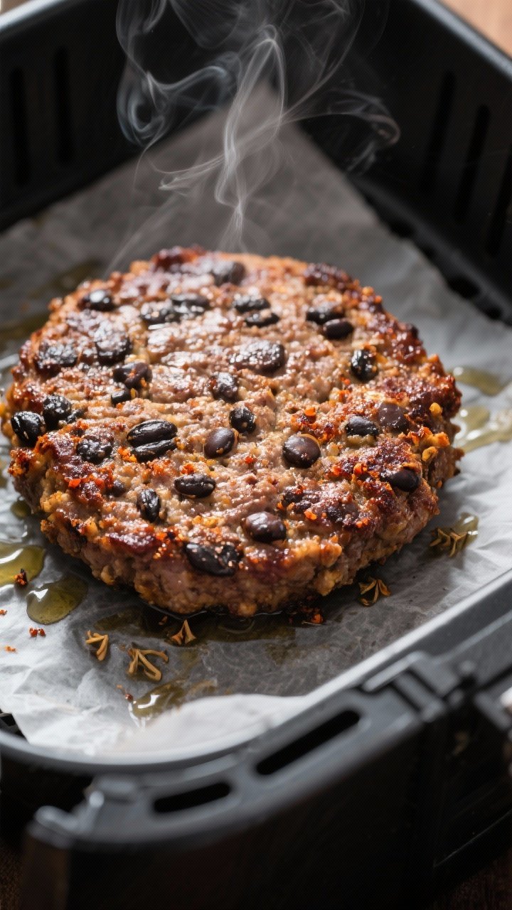 Close-up detail: Air-fried black bean burger patty just flipped in the basket at 375°F, edges crisp