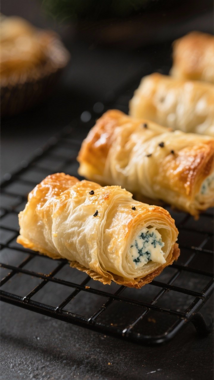Close-up detail: Air-fried blue cheese phyllo roll just out of the basket, golden blistered layers a