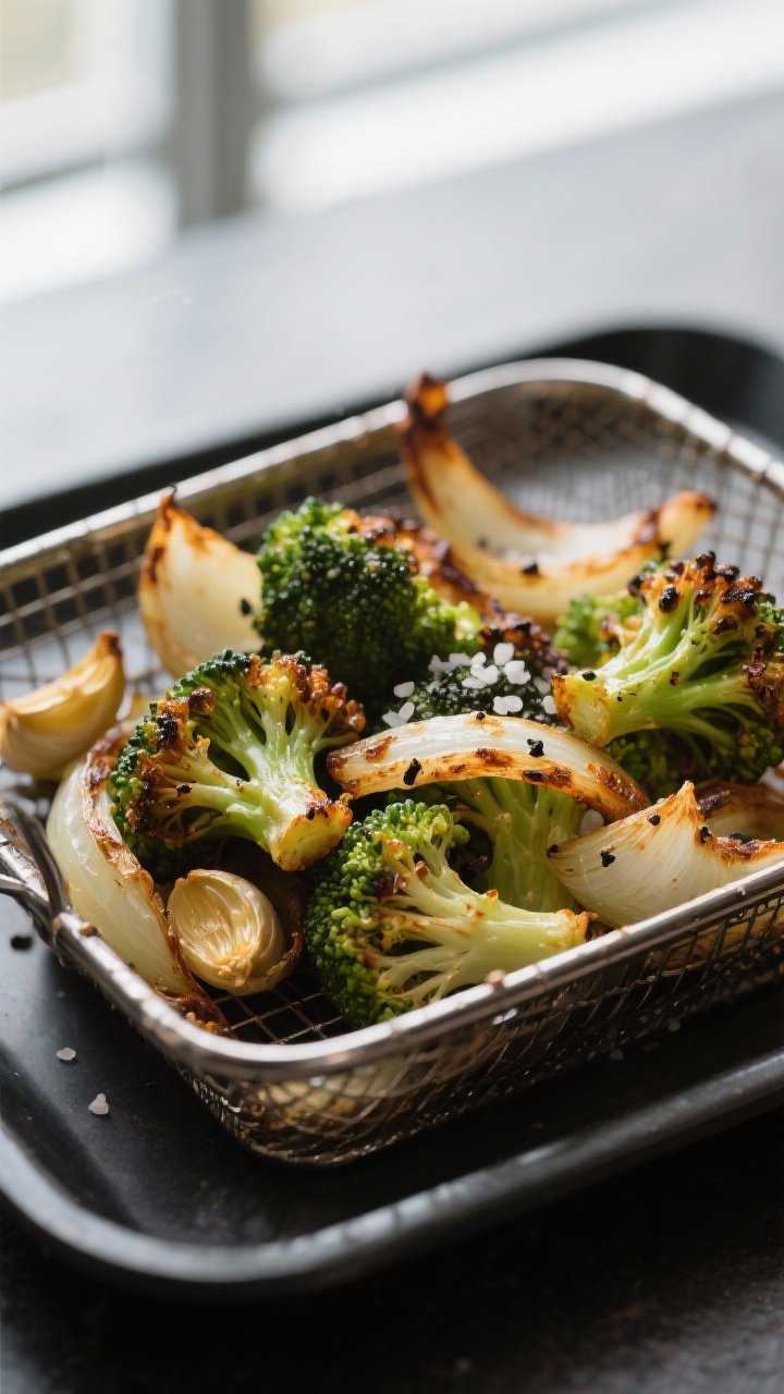 Close-up detail: Air-fried broccoli florets and onions just out of the basket, edges deeply carameli