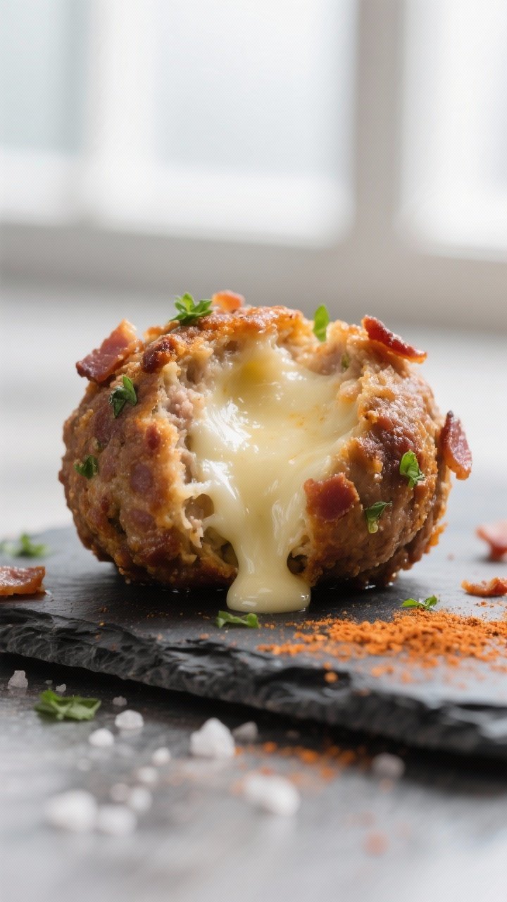 Close-up detail: Air-fried cheese-and-bacon meatball just cracked open to reveal a gooey low-moistur