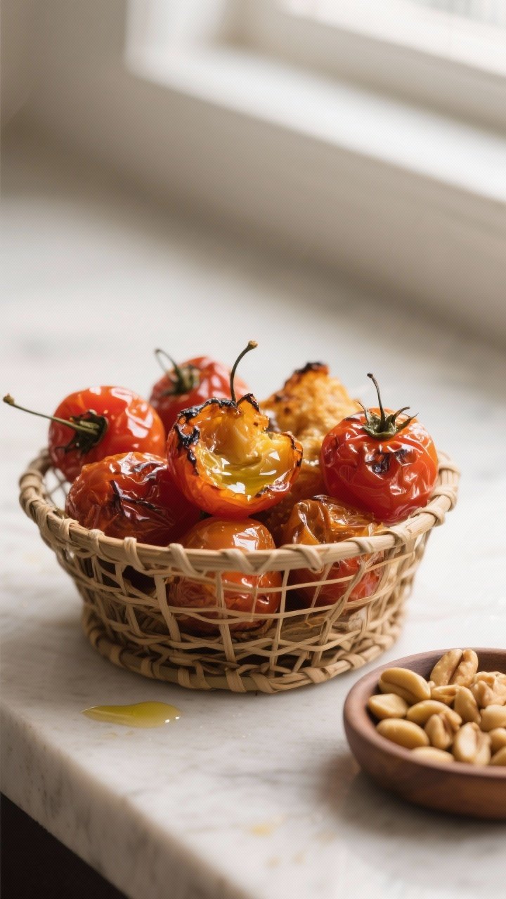 Close-up detail: Air-fried cherry tomatoes just out of the basket, blistered skins glistening with o