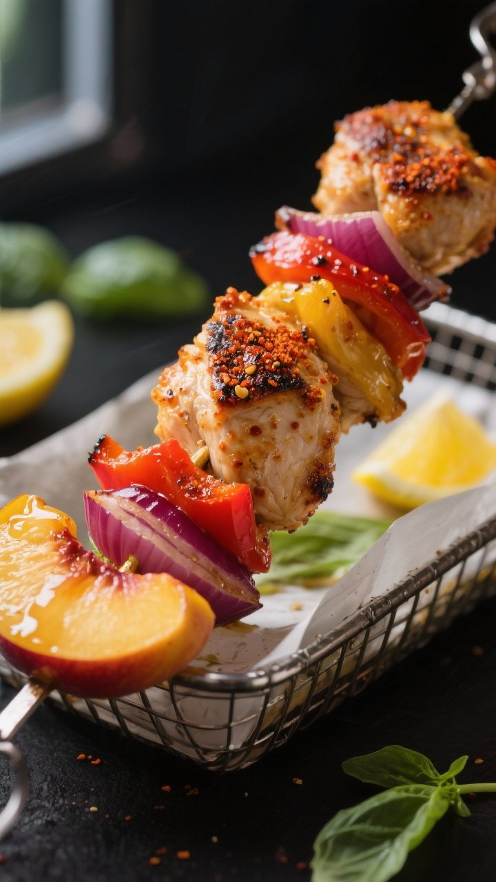 Close-up detail: Air-fried chicken and peach kebab segment fresh from the basket, showing glistening