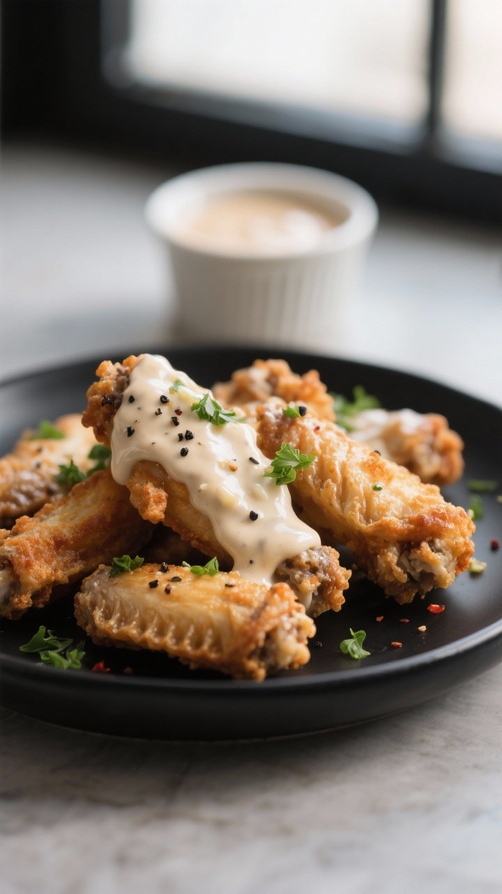 Close-up detail: Air-fried chicken wings just tossed in Alabama white BBQ sauce, glossy creamy coati