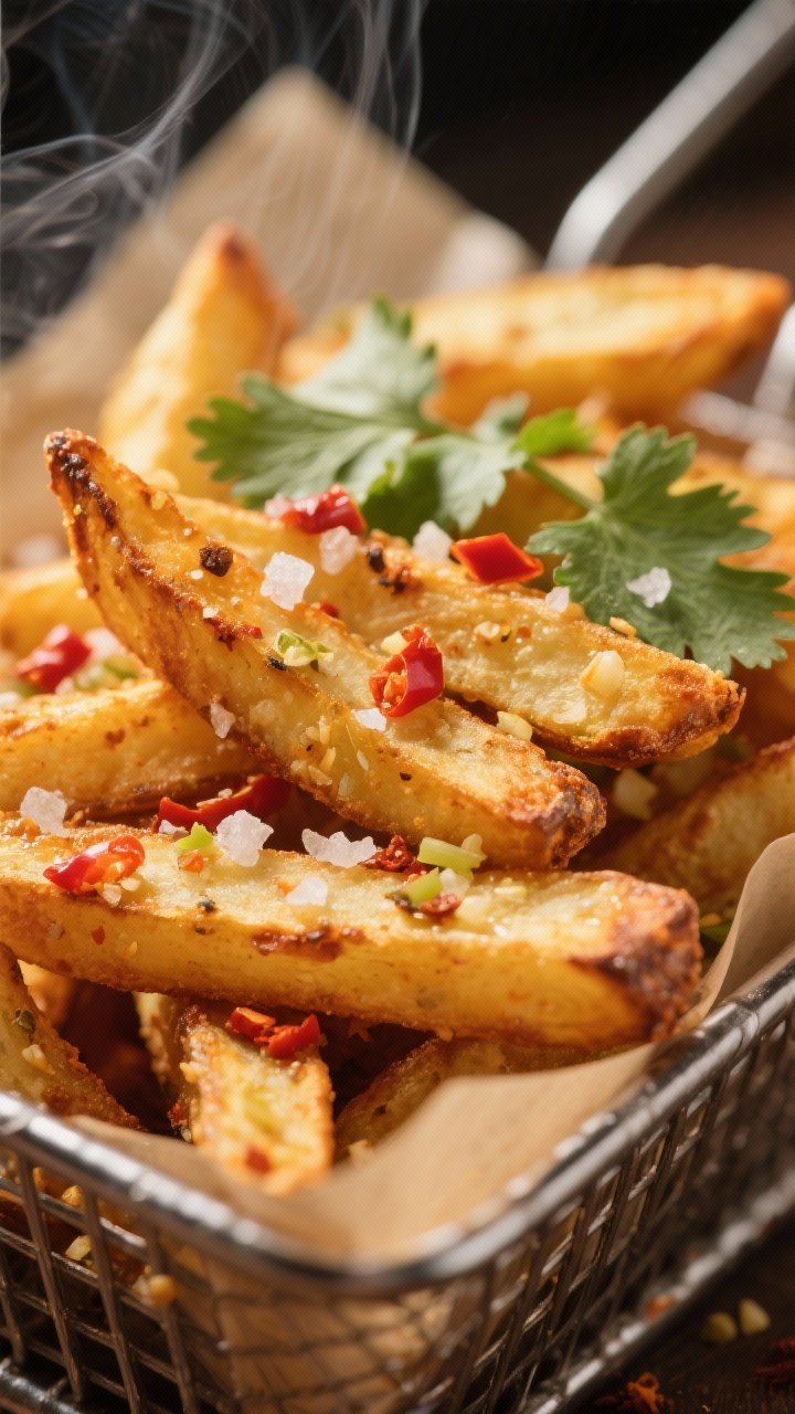Close-up detail: Air-fried chilli garlic fries just out of the basket, golden-brown with crisp, blis