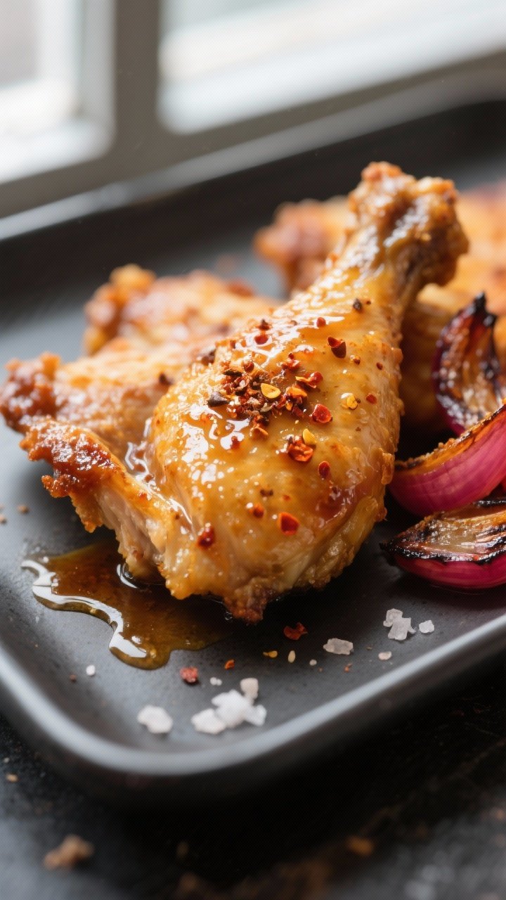 Close-up detail: Air-fried chutney-glazed chicken skin, deep golden and slightly sticky with caramel