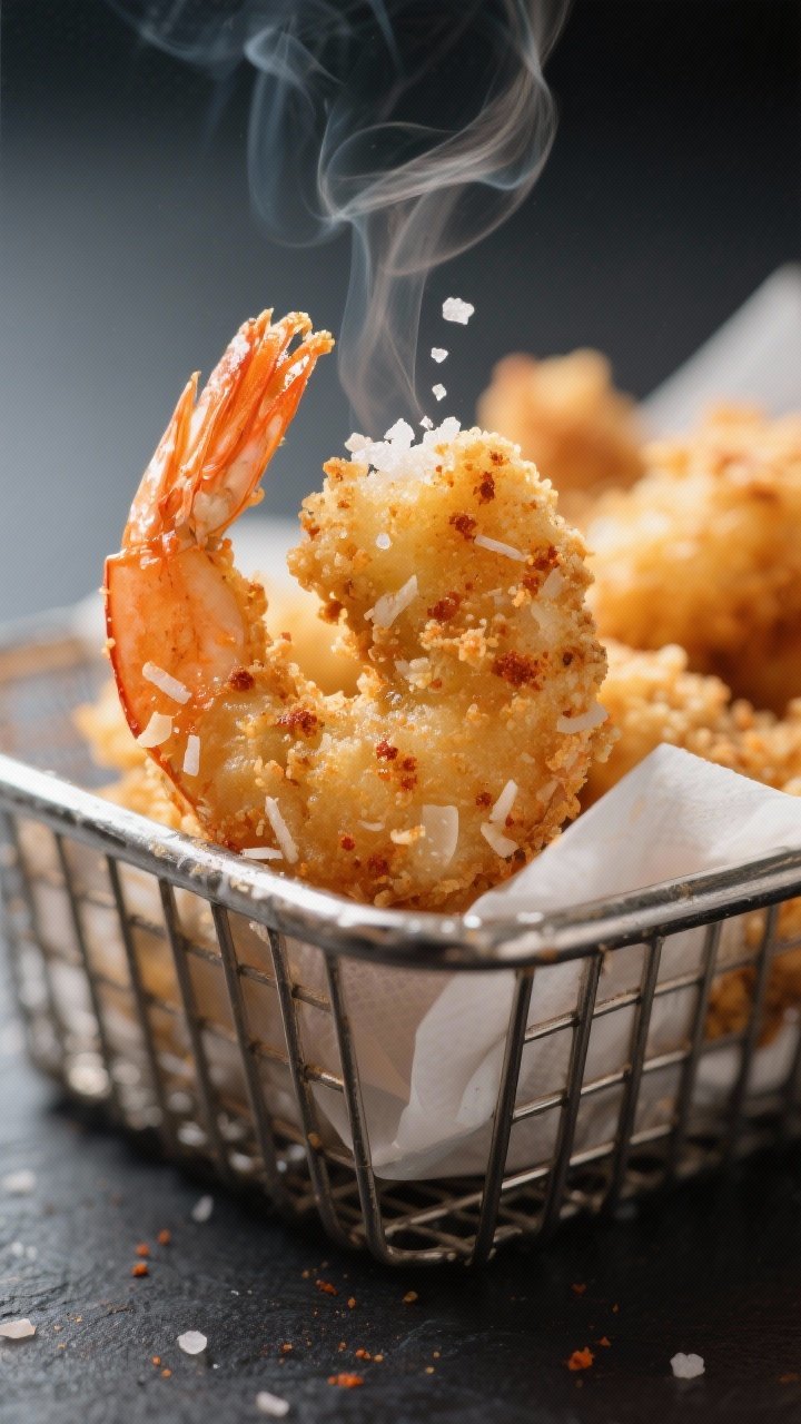 Close-up detail: Air-fried coconut shrimp just out of the basket, golden and crunchy with visibly to