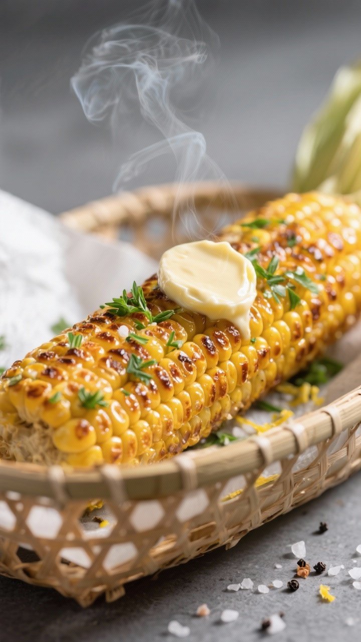 Close-up detail: Air-fried corn on the cob just out of the basket, kernels glossy and lightly browne