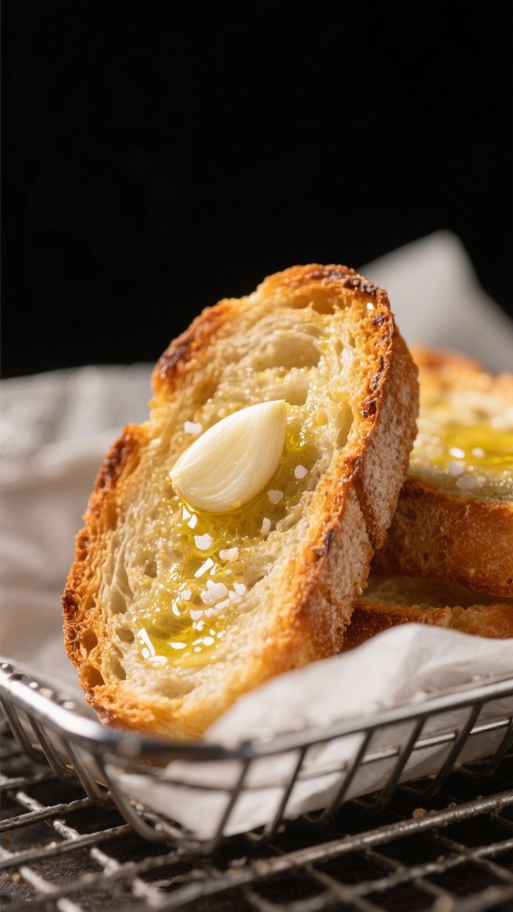 Close-up detail: Air-fried crostini just out of the basket, edges golden and blistered with a glossy