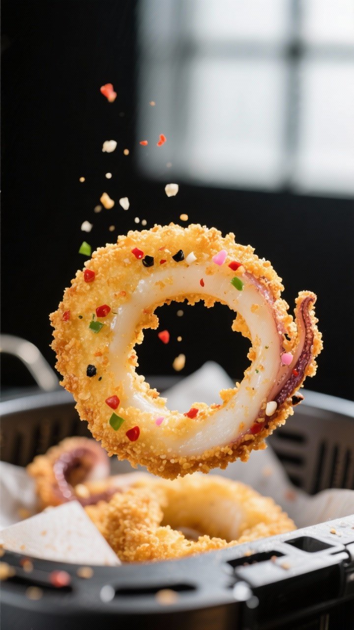 Close-up detail: Air-fried crumbed calamari ring just out of the basket, golden panko crust speckled